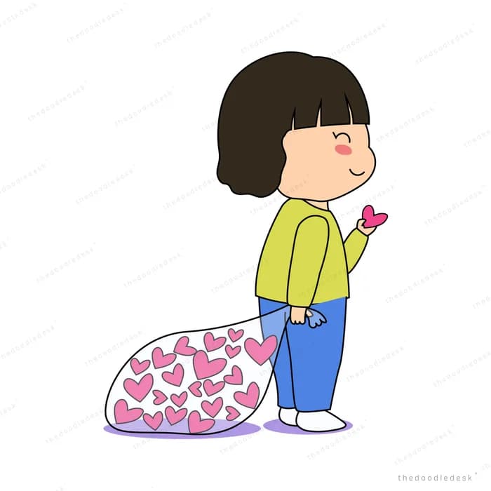 Girl dragging a large sack covered in hearts