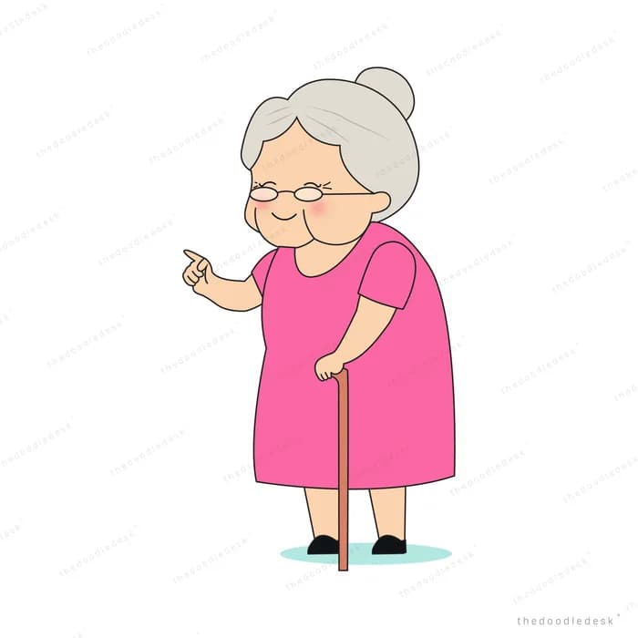 Elderly woman in pink with a walking stick pointing