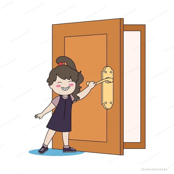 Girl opening a tall wooden door
