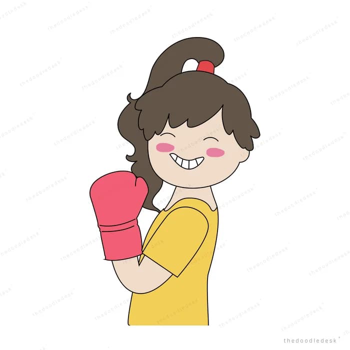 Girl in a yellow tee wearing a pink boxing glove and grinning