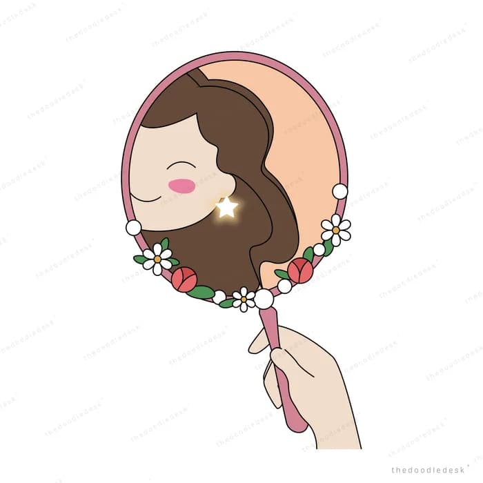 Hand holding a flower-rimmed hand mirror reflecting a smiling woman