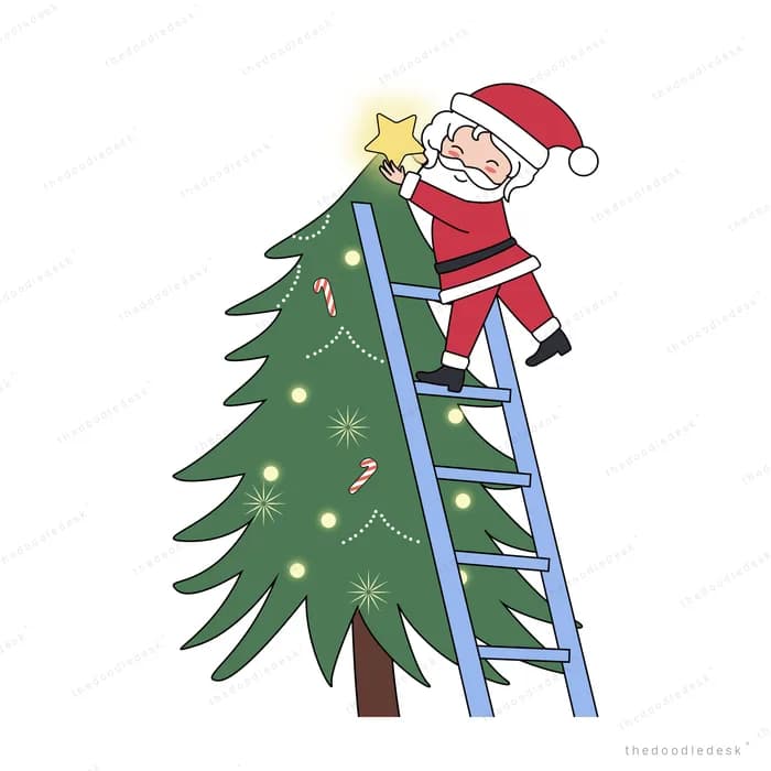 Santa on a ladder placing a gold star on top of a christmas tree
