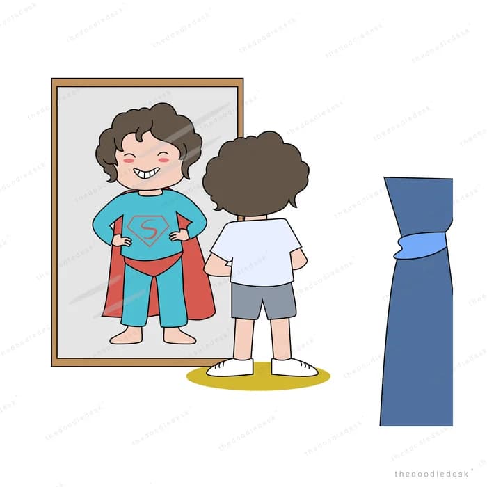 Boy looking into a mirror that reflects him as a caped superhero