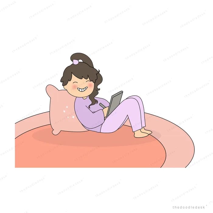 Woman lounging on a pink beanbag with a cushion reading a tablet