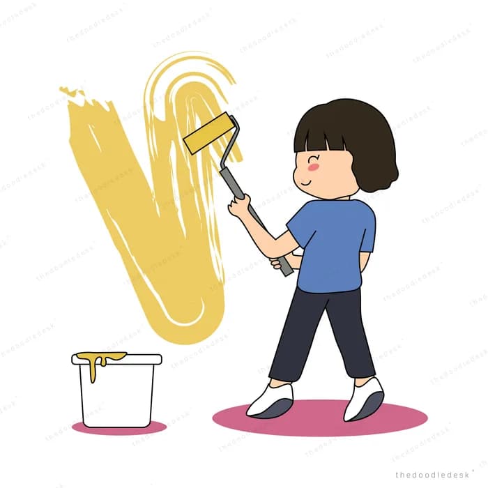 Girl rolling yellow paint on a wall with a paint roller beside a paint bucket
