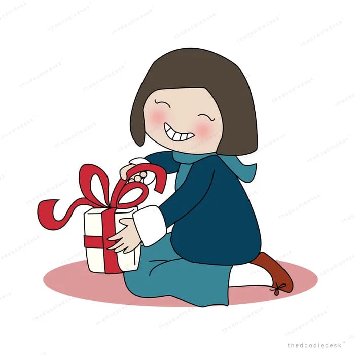 Girl kneeling and grinning while holding a gift box tied with a red ribbon