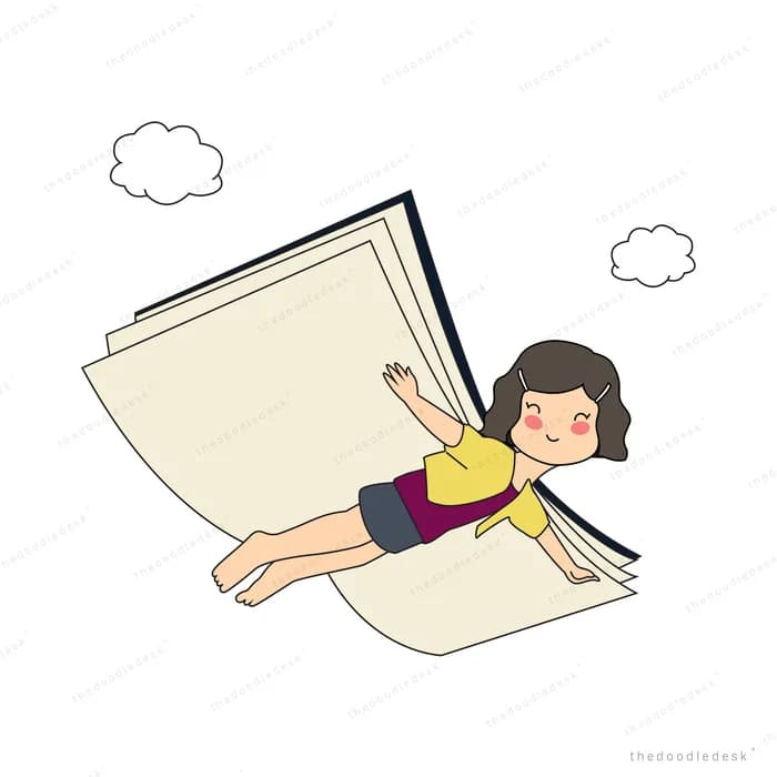 Girl riding a giant open book flying through the clouds