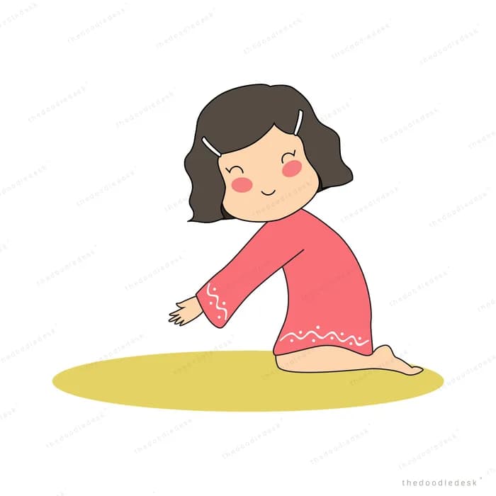Woman in a pink kurta kneeling on a yellow mat and reaching forward