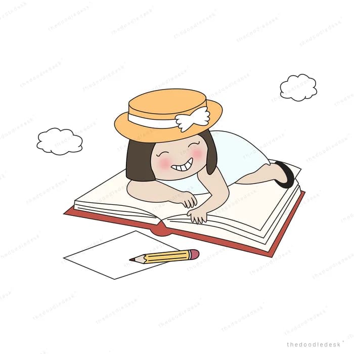 Girl in a straw hat lying on a giant open book with paper and pencil nearby
