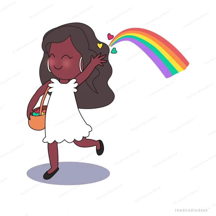 Dark skinned girl in a white dress with a basket walking as a rainbow trails from her hand