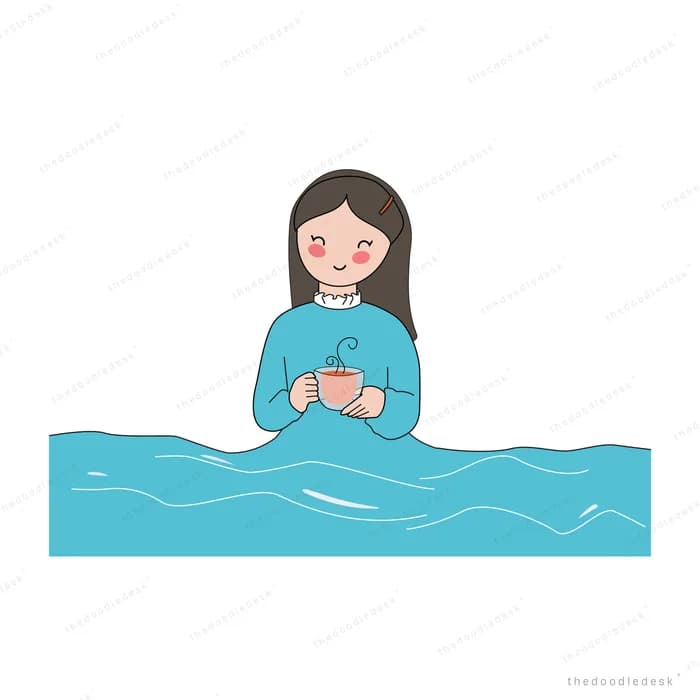 Girl in a teal sweater standing waist deep in water holding a small cup