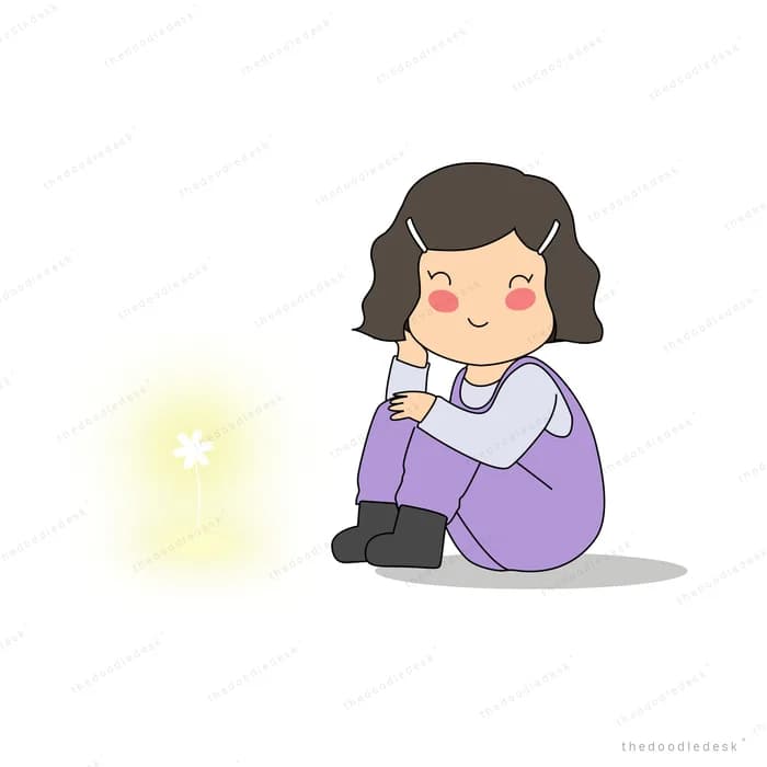Girl in purple dungarees sitting hugging her knees beside a faint glowing light