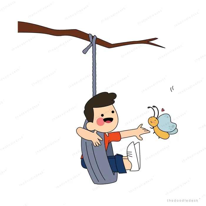 Boy on a rope swing under a branch reaching toward a butterfly