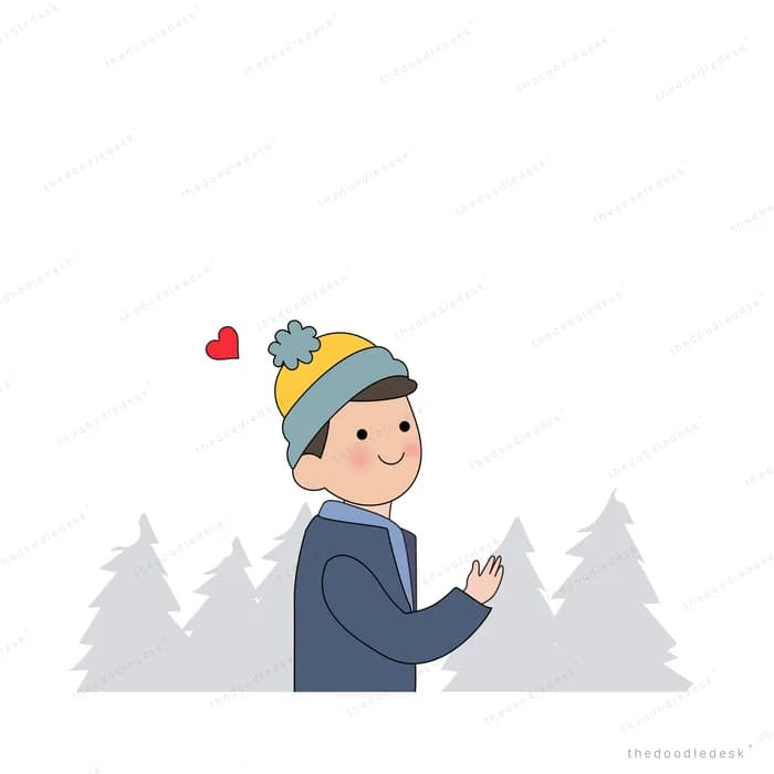 Boy in a striped beanie and coat standing among snowy pine trees with a heart above