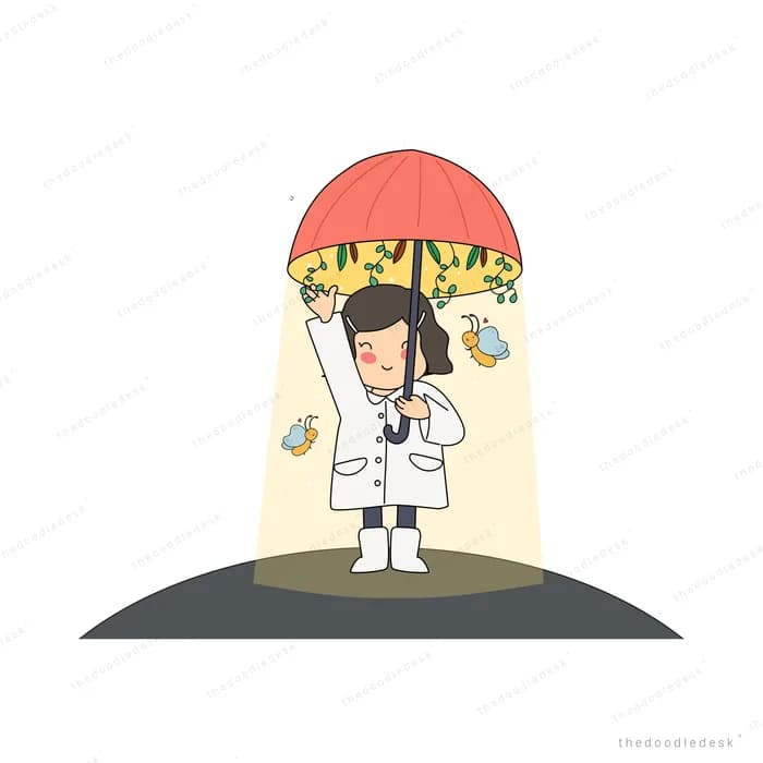Girl in a white coat holding up a red umbrella lined with leaves on a dark hill