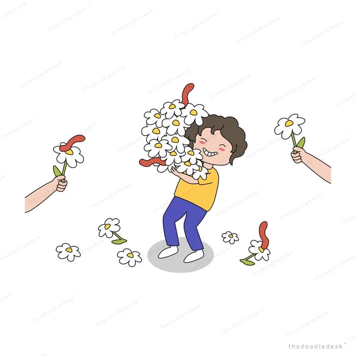 Boy carrying a huge armful of white daisies while hands offer him more
