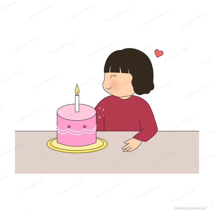 Girl at a table facing a pink birthday cake with a lit candle