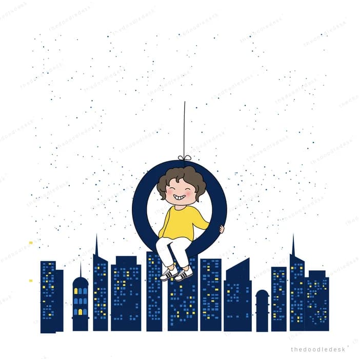 Child sitting in a hanging ring swing above a night city skyline