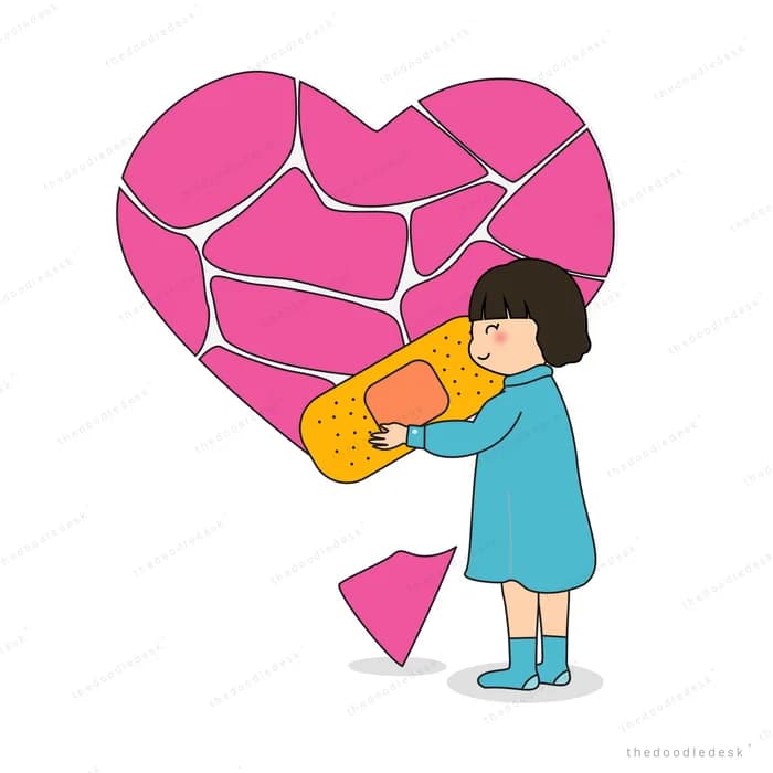 Girl pressing a bandage onto a large cracked pink heart