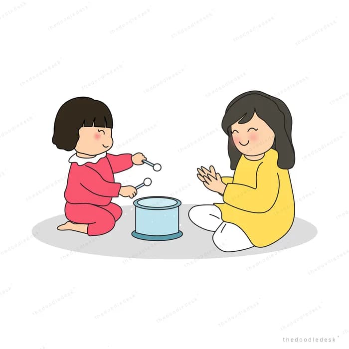 Woman and small girl sitting on the floor eating from a small pot with spoons