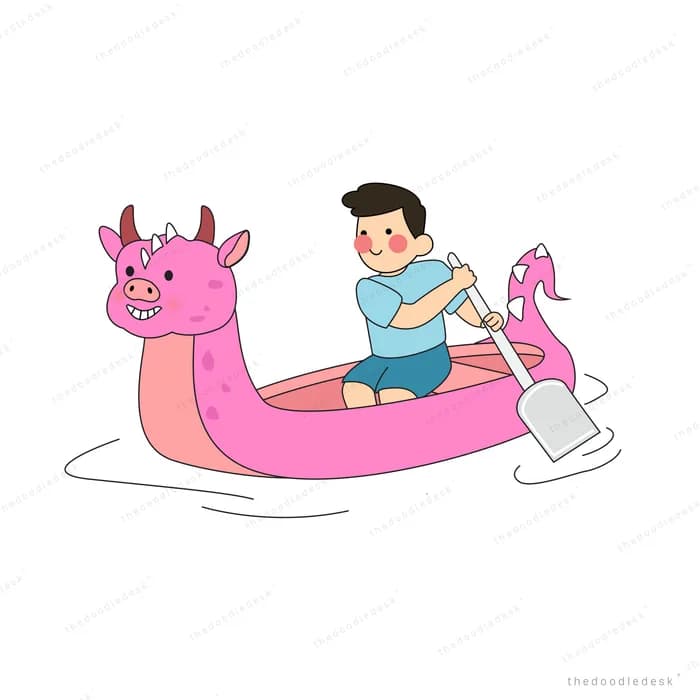 Boy paddling a pink dragon boat across the water