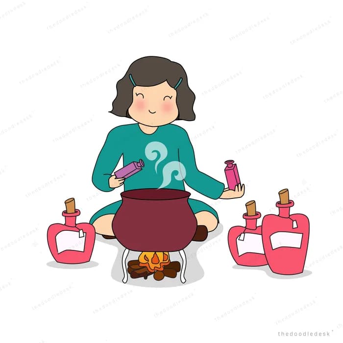 Woman stirring a cauldron over a fire surrounded by pink potion bottles