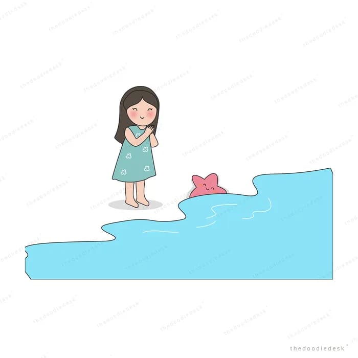 Girl in a teal dress standing at the edge of a blue water ledge beside a pink creature