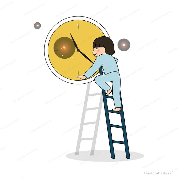 Girl on a ladder adjusting the hands of a giant yellow clock