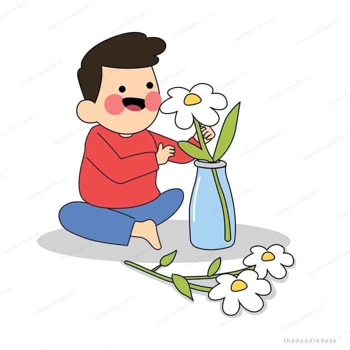 Boy sitting on the floor arranging white daisies in a blue vase
