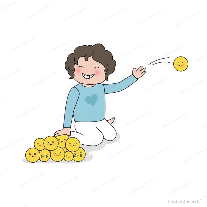 Boy kneeling and tossing a smiling yellow coin from a pile of them