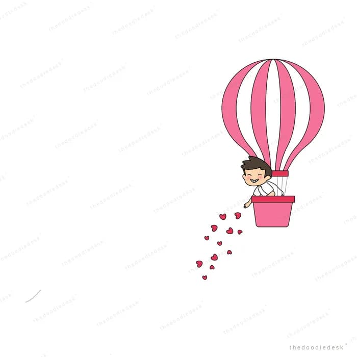 Child in a pink hot air balloon scattering falling hearts