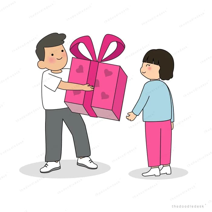 Boy handing a large pink gift box to a girl