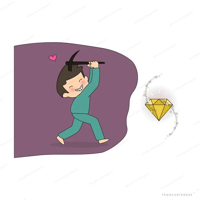 Girl swinging a pickaxe at a purple rock wall beside a buried glowing gem