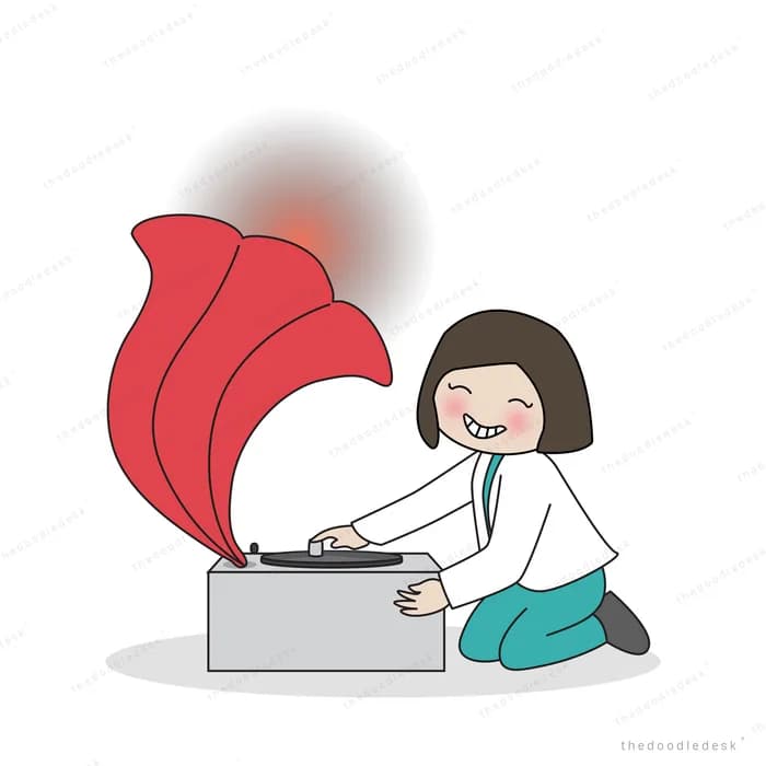 Girl kneeling to play a red horn gramophone