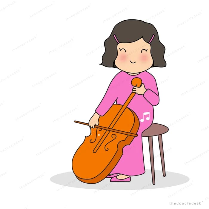 Woman in a pink dress playing a cello beside a stool