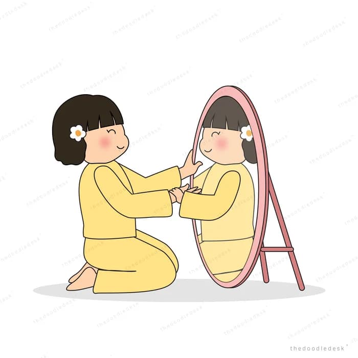 Girl kneeling before a standing mirror touching her own reflection