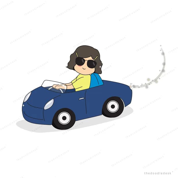 Woman in sunglasses driving a blue convertible with a streamer trailing