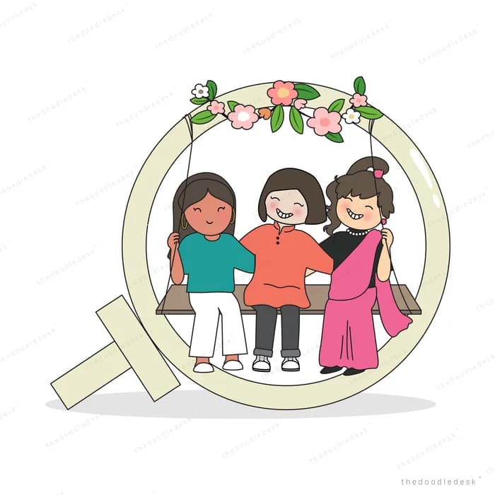 Three women sitting together on a round swing decorated with flowers