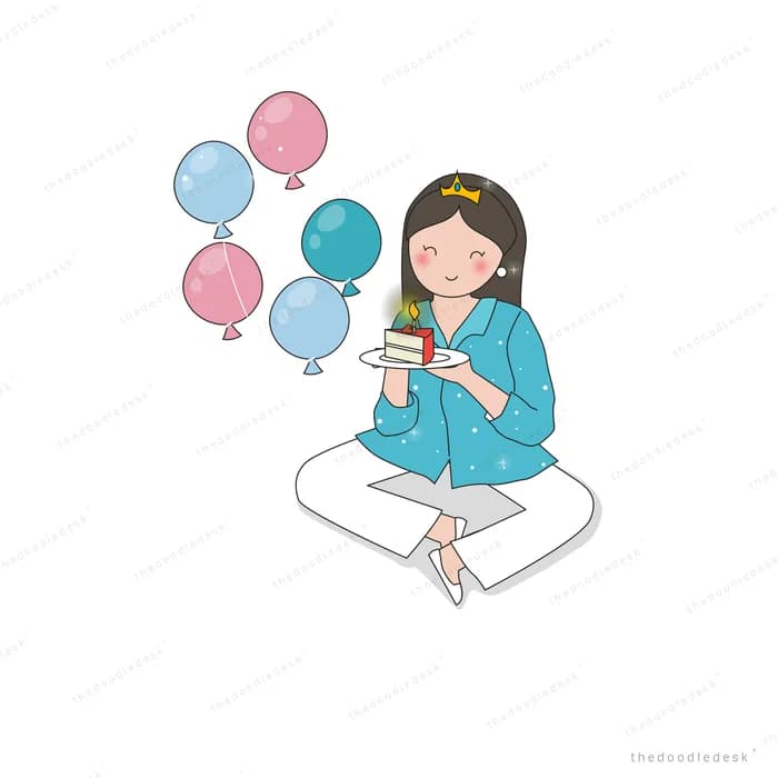 Girl in a paper crown sitting with a birthday cupcake among balloons