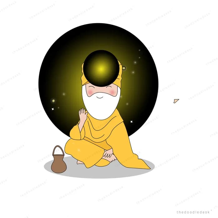 Bearded sage in saffron robes seated cross legged before a glowing halo