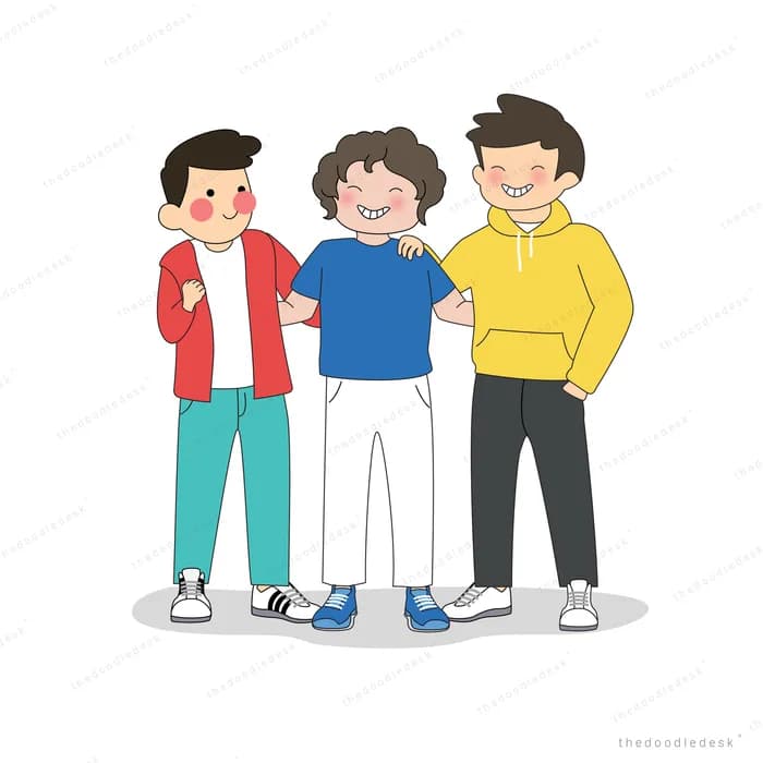 Three young men standing arm in arm side by side