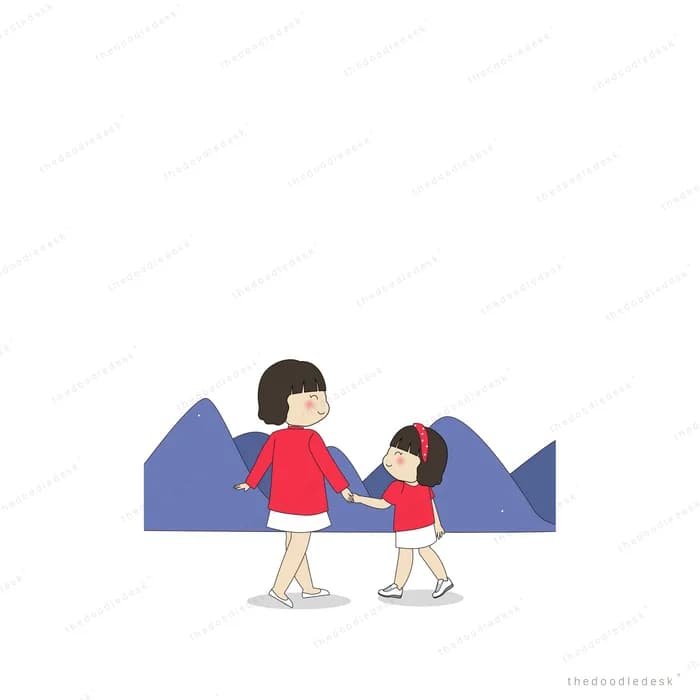 Woman and small girl in red walking hand in hand before blue mountains