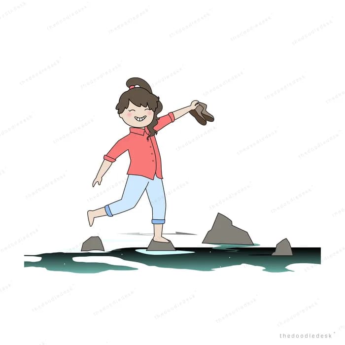 Girl in red hopping barefoot across stepping stones in a stream holding her shoes