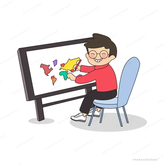 Boy in glasses sitting on a chair placing coloured pieces onto a world map board