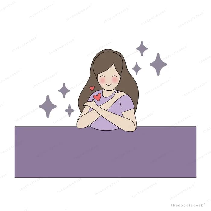 Woman at a purple desk hugging herself while holding a red heart amid sparkles