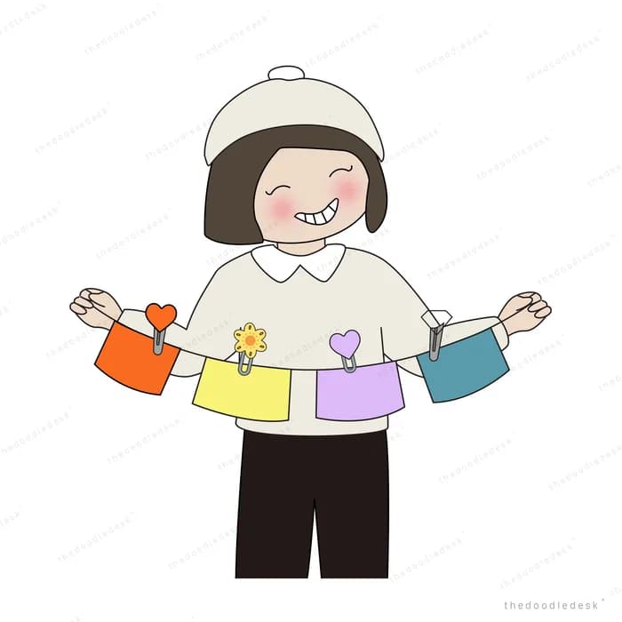Girl in a beanie holding up a string of colourful gift bags