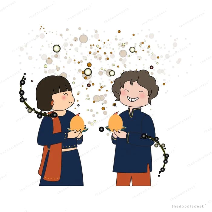 Two children in festive clothes holding lit diya lamps amid sparks