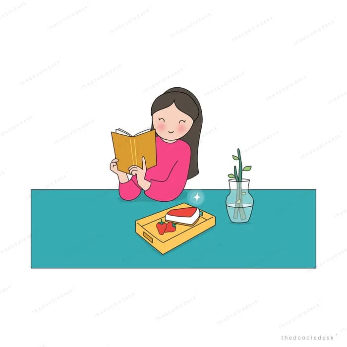 Woman reading a book at a teal table with cake and a vase of greenery