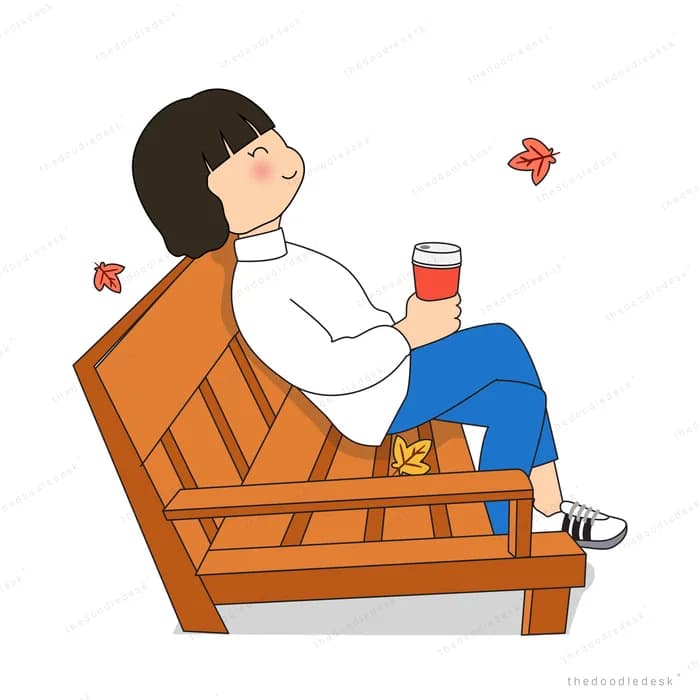 Girl lounging back on a wooden bench holding a takeaway cup among falling leaves