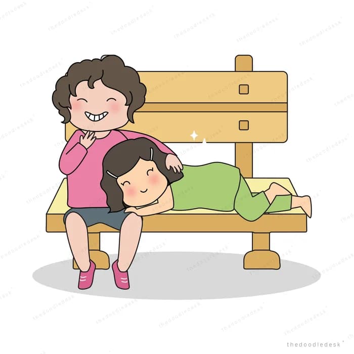 Girl lying with her head in her mother lap on a wooden park bench